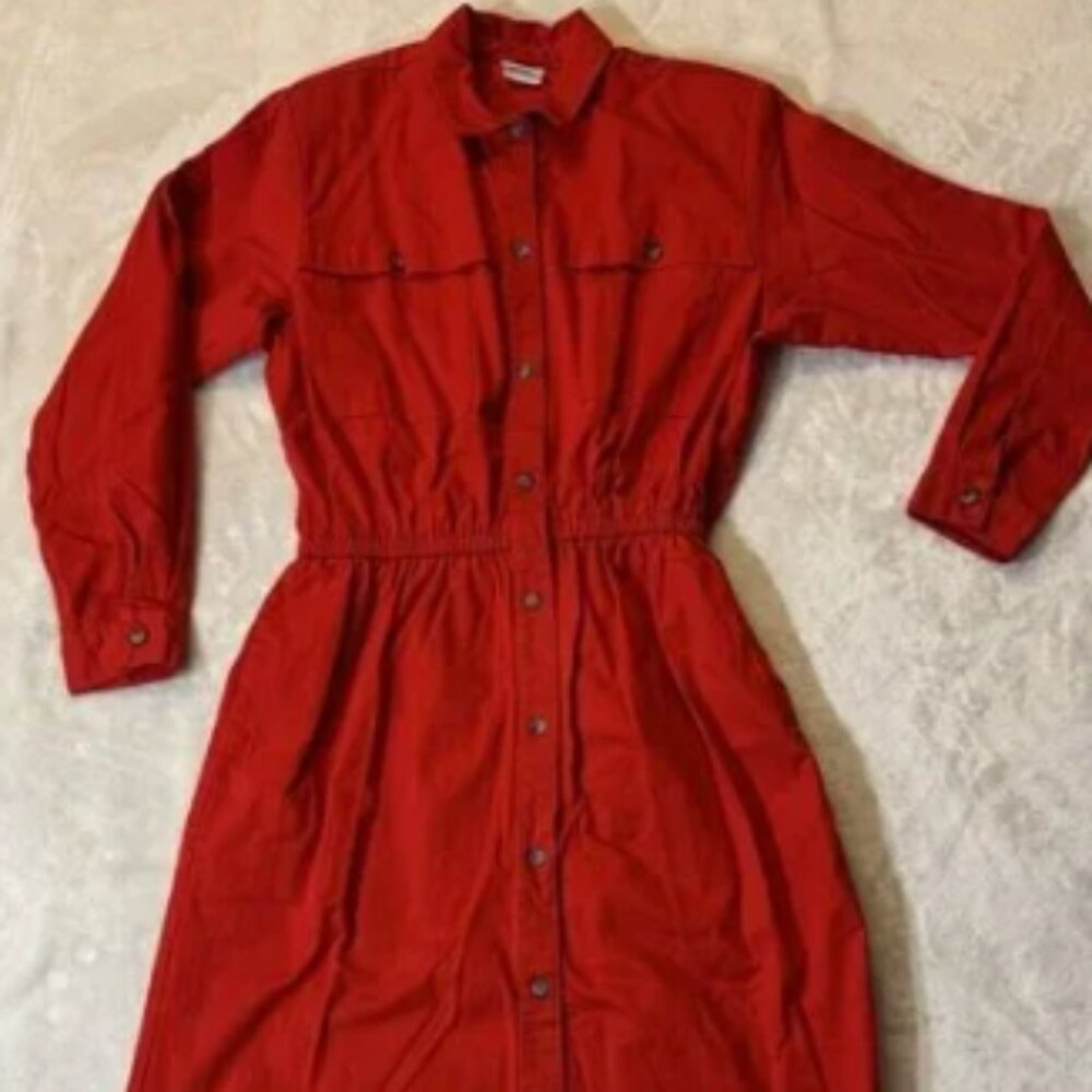Vintage Gotcha Red Shirt Dress Long Sleeve Elastic Waist Size 14
